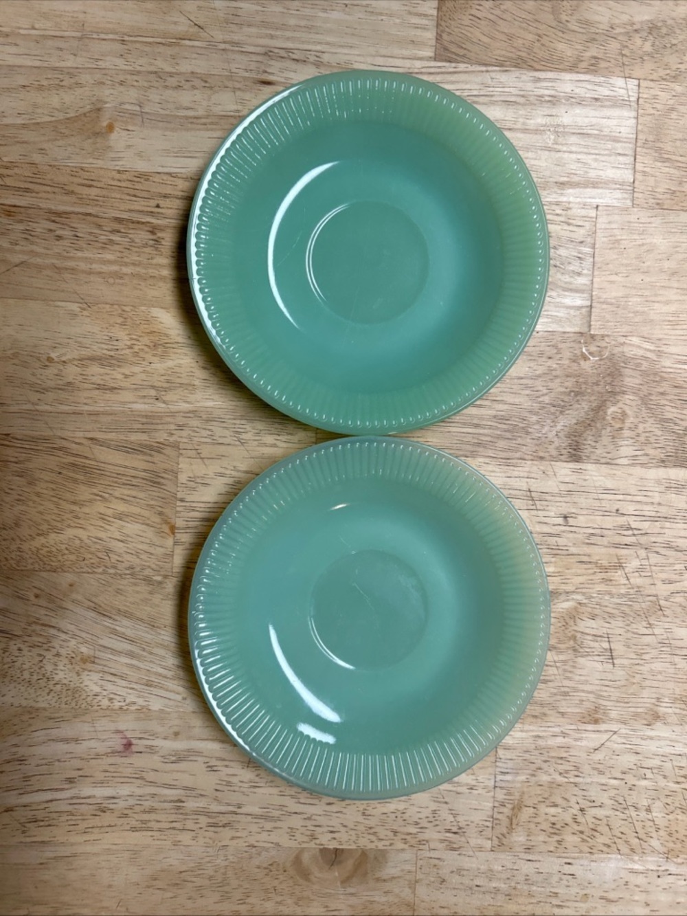 Set of 2 Jadeite Saucers Alice Pattern by Fire King 1940's 6” diameter